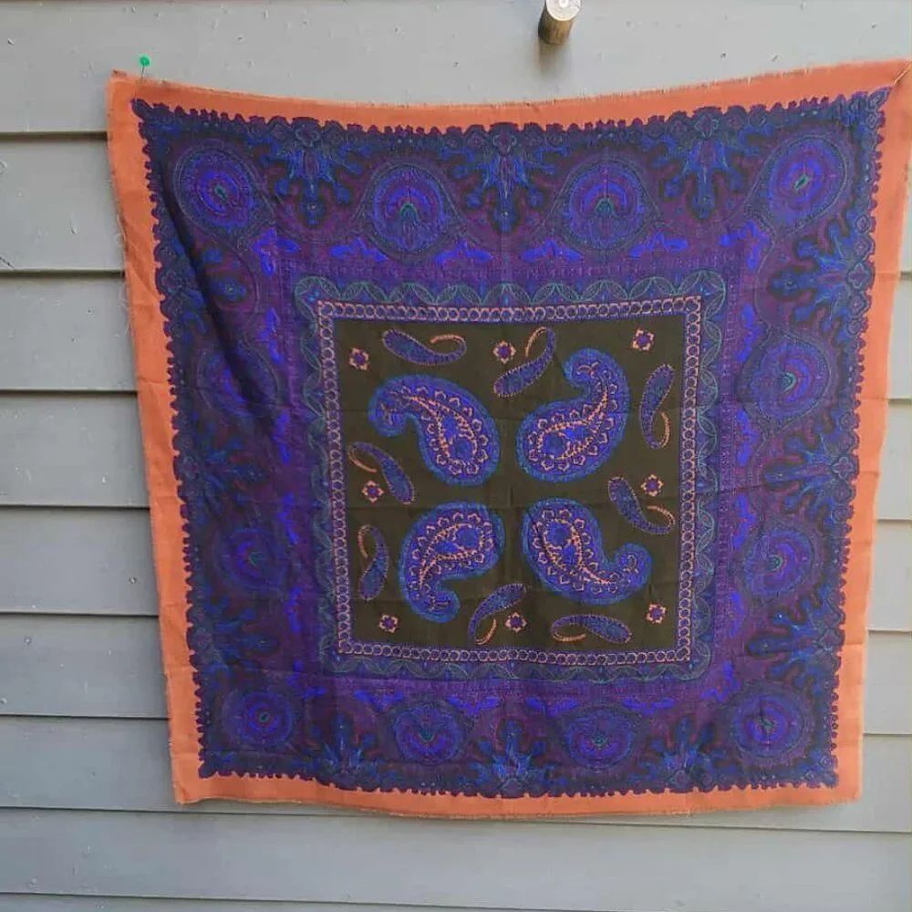 Vintage Challis Acrylic Navy Rust Paisley Scarf